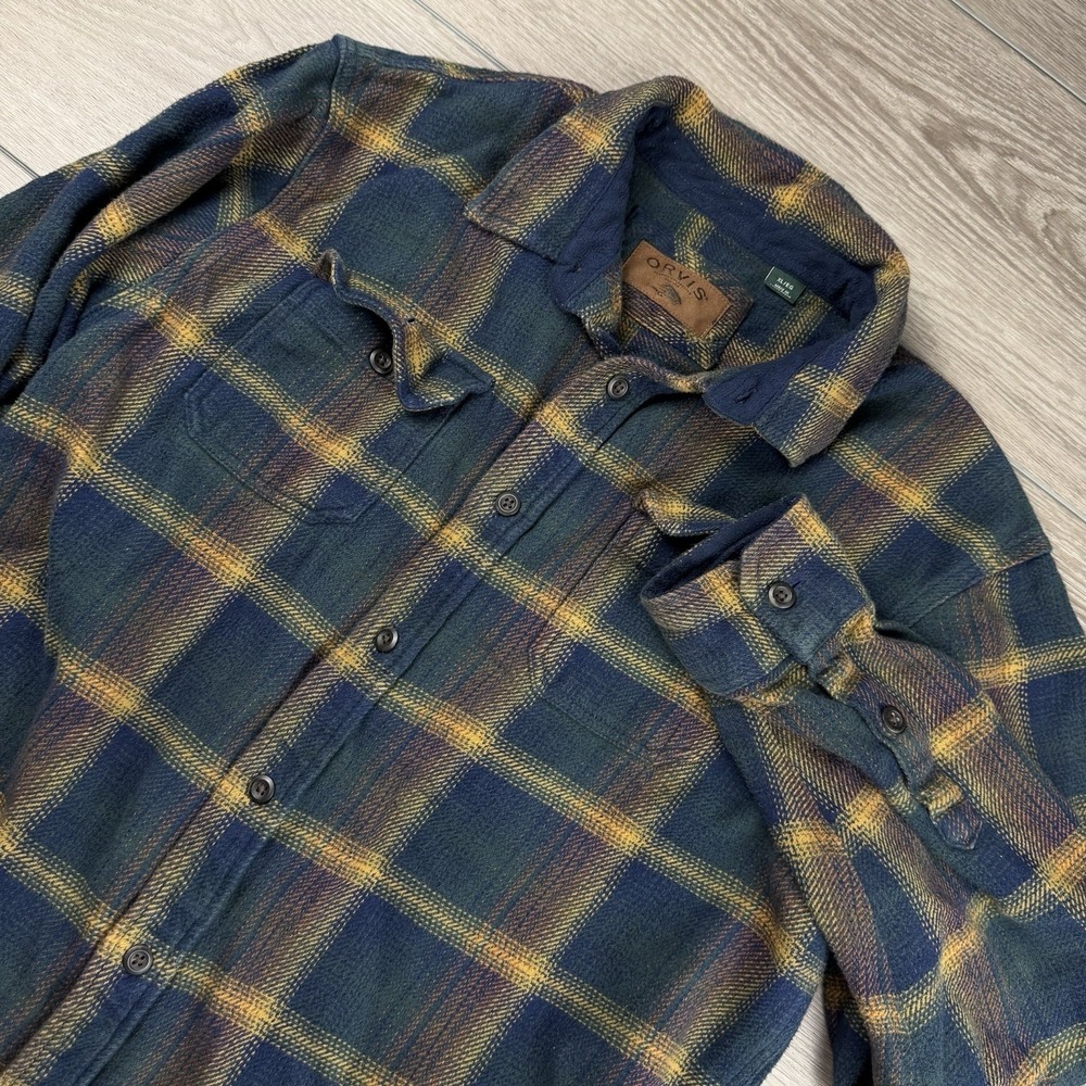Orvis Men's Long Sleeve Button Up Plaid Flannel Shacket Blue Yellow‎ XL